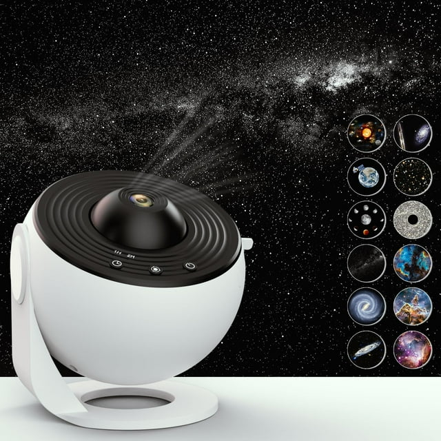 proyector de estrellas sunbox planetarium galaxy con 12 discos 4k proyector blanco con base ajustable 0–360°, vista 3/4 frontal; cúpula superior negra con lente central, perilla de enfoque y tres botones visibles; a la derecha 12 mini discos HD con imágenes de galaxias, Sistema Solar, Tierra, Luna y nebulosas; proyección de estrellas sobre fondo negro; ideal para habitaciones infantiles, cine en casa y fiestas; también suele usarse para ambientar sesiones de relajación.