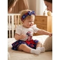 thumbnail image 6 of Lairauiy Toddler Baby Girls 4th of July Outfits 3 6 9 12 18 Months Letter Bow Print Short Sleeves Romper and Layered Ruffles Shorts Cute Headband Socks, 6 of 9
