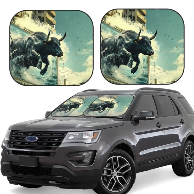 Vsdgher Bull Charging Through Waves Print Car Windshield Sun Shade, Reflective Sunshade Window Sunshade Sun Visor Protector Fit for Cars,Trucks,SUVs-Large