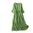 thumbnail image 2 of Annhoo Womens Cotton Linen Dresses V Neck 3/4 Sleeve Button Casual Loose Flowy Trendy Travel Holiday Maxi Sundresses, 2 of 9