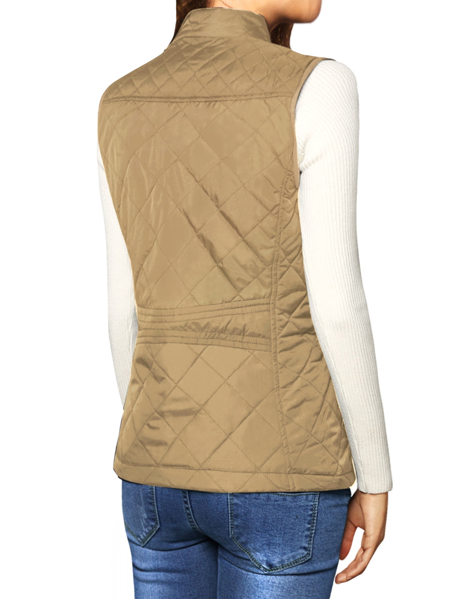 DARING DIVA Women's Zip Stand Collar Quilted Padded Vest XS Khaki