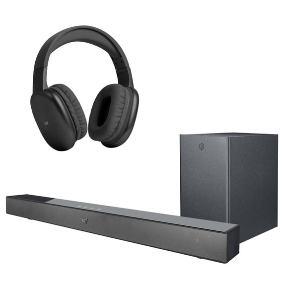 Combo Home Audio Roku barra de sonido 2.1 con subwoofer inalámbrico y Aurum audífono Over Ear inalámbrico STF color negro