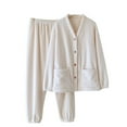 thumbnail image 1 of Posijego Pajamas Set for Woman Button down V Neck Shirts Elastic Bottom Pants Womens Plush Lounge 2Pcs, 1 of 4