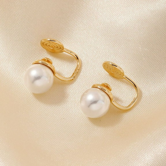 10pcs Simple and Elegant Vintage Brass Imitation Pearl Round Clip-on Earrings Round Golden White 14x9mm