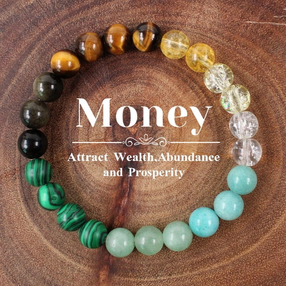 Natural Stone Crystal Beaded Bracelet, Multi-Color Gemstone with Tiger Eye Malachite Citrine Clear Quartz, 8mm Round Beads, Wealth Abundance Theme, 6.3-7.3 Inch Stretch