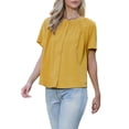 thumbnail image 4 of INSPIRE CHIC Summer Tops for Women Short Sleeve Ruched Crew Neck Dressy Casual Button Down Shirts L Yellow, 4 of 6