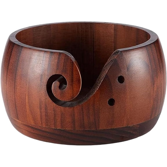 GUENG Wooden Yarn Bowl, 5.9 x 3.2 Inch Crochet Yarn Holder with Curved Groove & Needle Holes, Knitting Storage Organizer Craft Gift