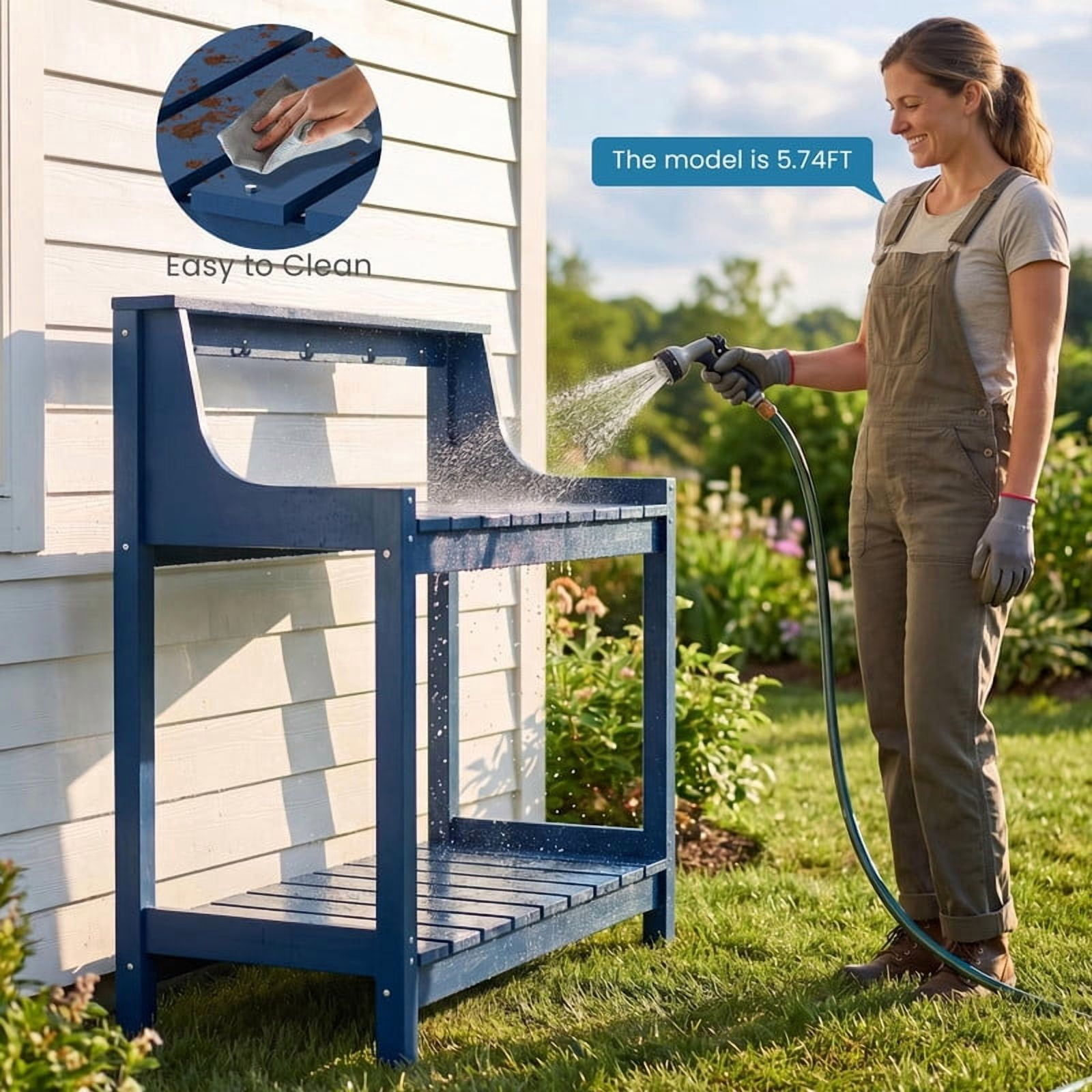 Howcool HDPE Outdoor Potting Bench with Storage & Hooks, 3-Tier Heavy-Duty Garden Workstation Table, All-Weather Potting Table for Patio & Backyard, Blue