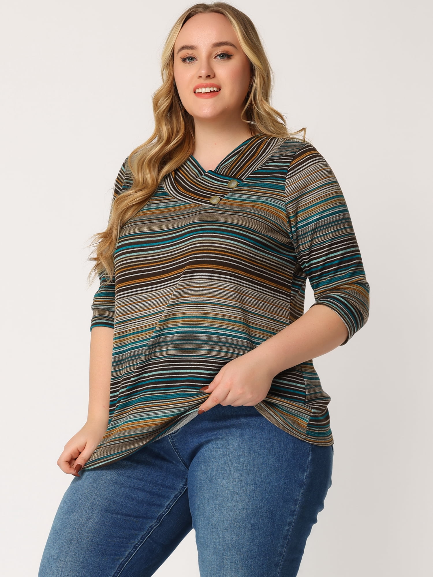 DARING DIVA Women's Plus Tunic Top V Neck Stripe Boho Knit Blouse 6X Lake Blue