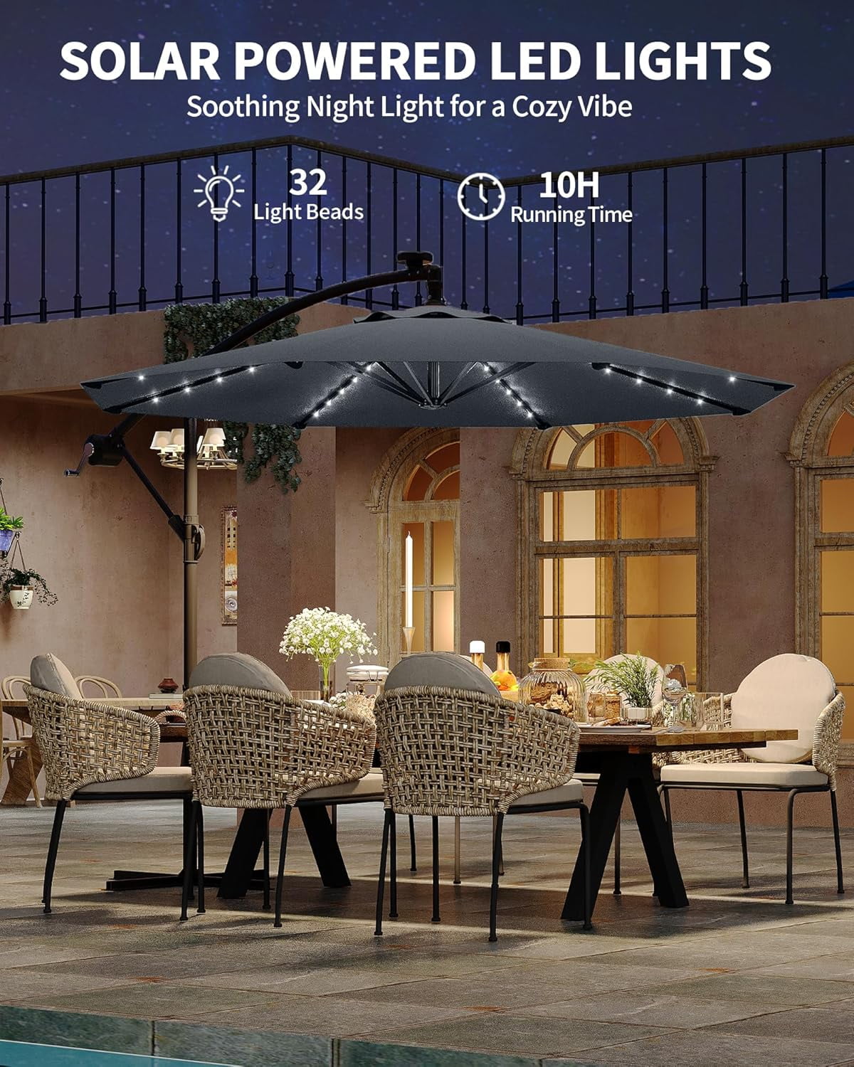Memoryfield 10FT Outdoor Patio Hanging Offset Cantilever Umbrella with Solar LED Lights, Cantilever Market Umbrella with Cross Base, Gray