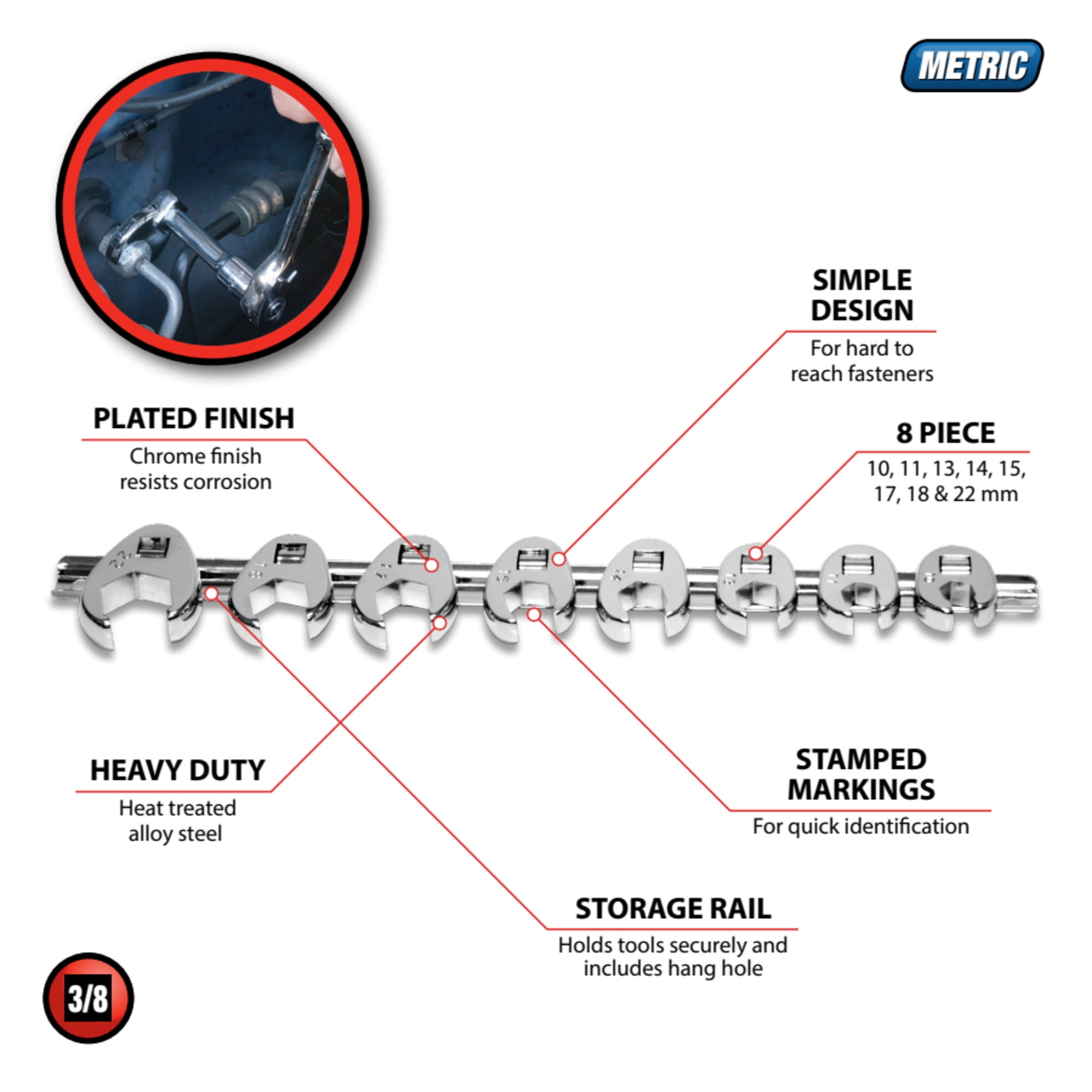 Performance Tool W352 Metric Crowfoot Wrench Set, 8-Piece