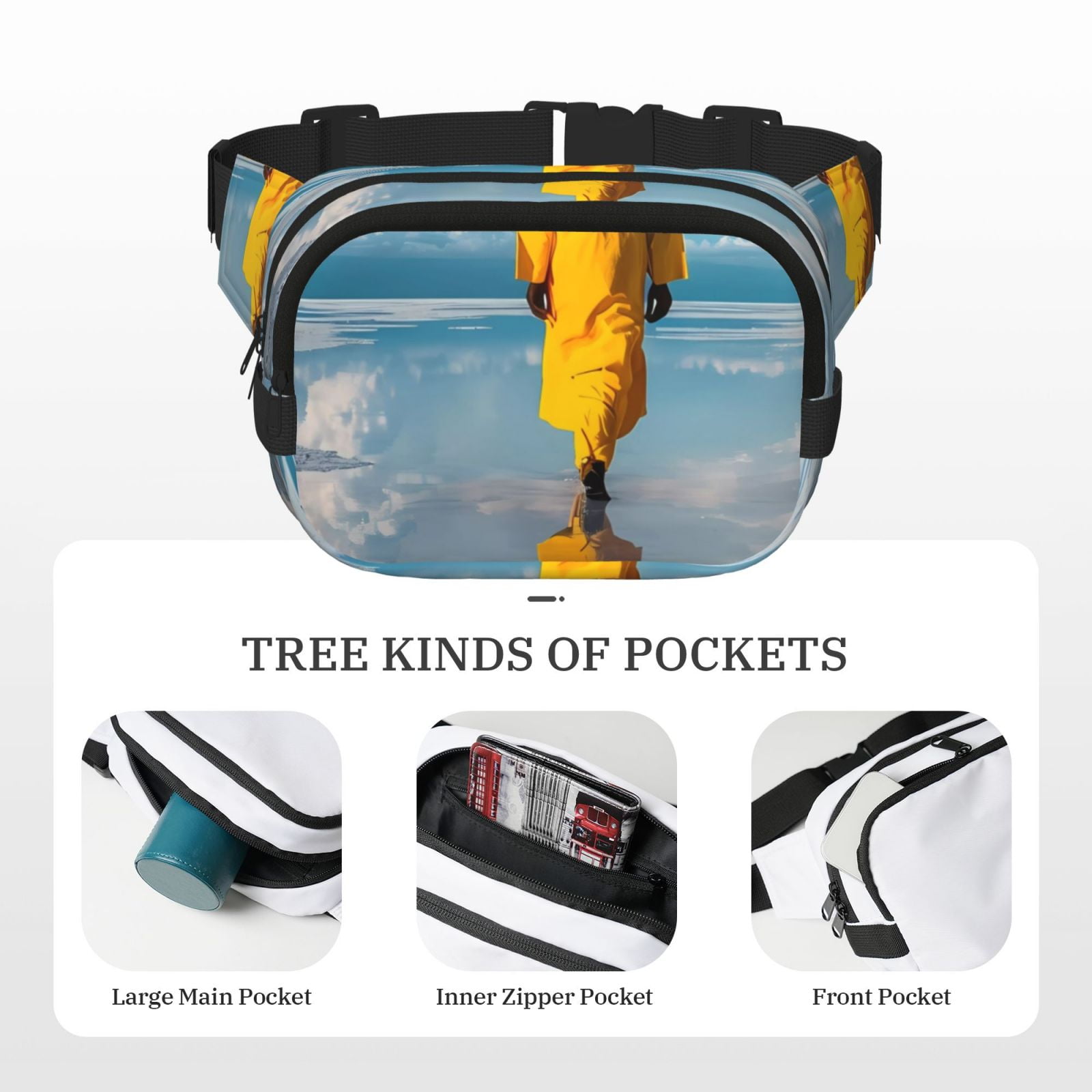 Picia Monk Walking On Water Print Square Double-Layer Waist Bag Mini Adjustable Waist Belt Bag Exercise Running Travel Hiking
