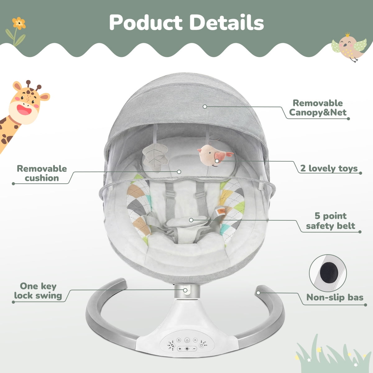 Baby Swing for Infants, Caveen Baby Rocker with Dinner Plate, 5 Swing Speeds, Adapter Battery Operated, Indoor,Outdoor, Grey