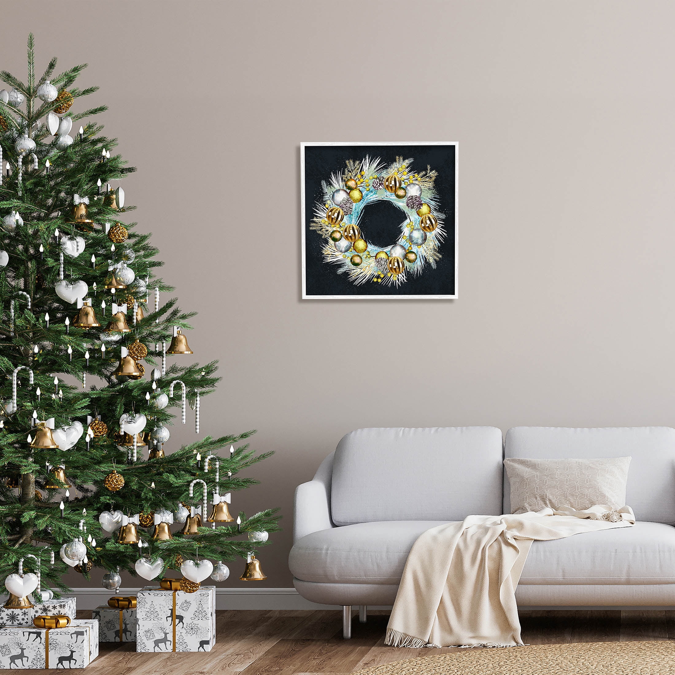 Gleaming Seasonal Pine Wreath Holiday Graphic Art White Framed Art Print Wall Art
