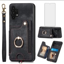 Phone Case for Samsung Galaxy A32 5G 2021 6.5 inch Wallet Cover with Tempered Glass Screen Protector Wrist Strap Lanyard RFID Card Holder Ring Stand M32 G5 A 32 32A S32 SM-A326U A326U Women Men Black