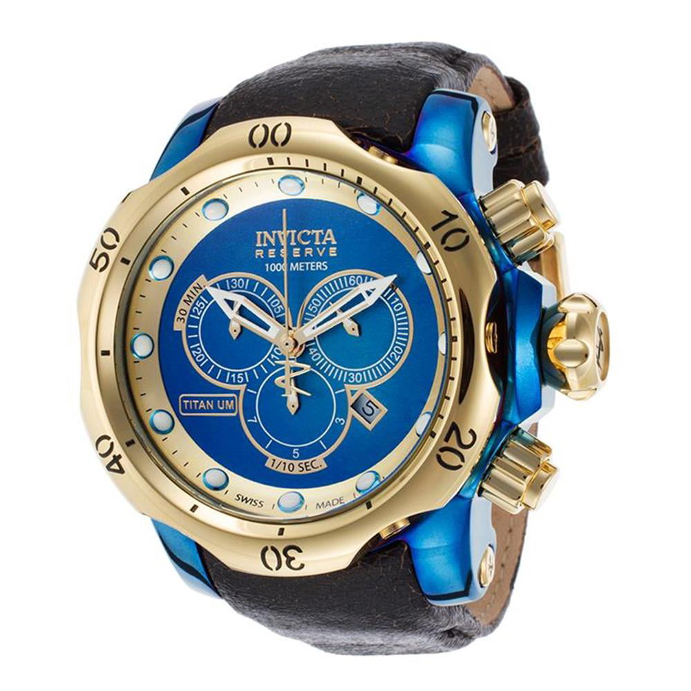 Invicta Men's Venom 53.7mm Black Leather Band Steel Case Flame-Fusion  Crystal Quartz Blue Dial Watch 15998