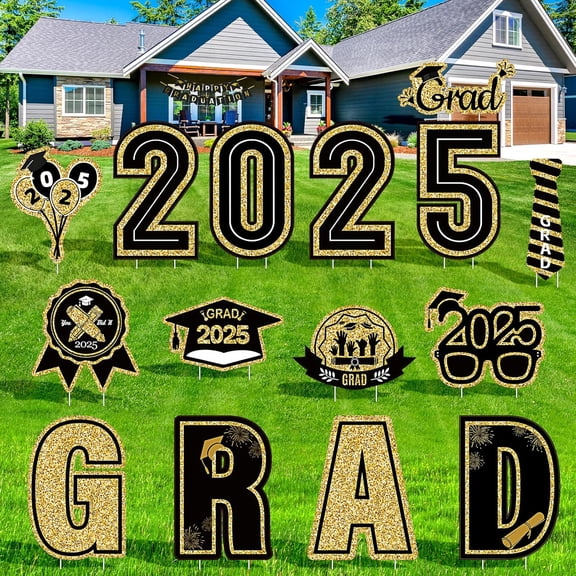 15 Pieces Graduation Decorations 2025 Outdoor Yard Sign, Class of 2025 Congrats Grad Yard Sign with 30 Stakes for Graduation Party Garden Lawn Decoration Supplies