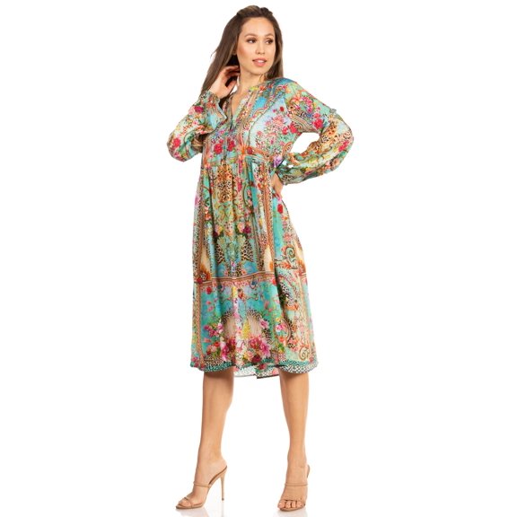 Sakkas Jules Women's Boho Long Sleeve Split Neck Floral Midi Dress Loose Cocktail - 578-Turq - S/M