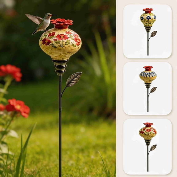 CHJK Vintage Ceramic Hummingbird Feeder Garden Stake, Resin Flower Finch Bird Feeders for Outdoors for Garden, Yard, Deck