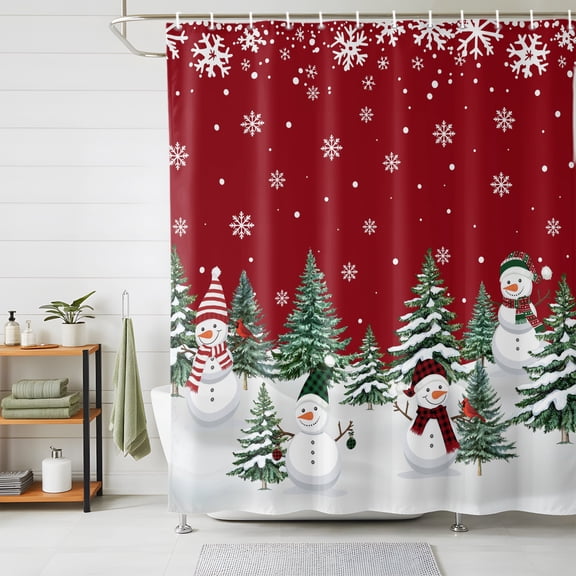 Shower Curtains for Bathroom, Red Christmas Snowman Waterproof Fabric Shower Curtain, Xmas Snowflake Tree Winter Decorative Bathroom Curtain for Bathtub, 66"x72", No Hooks Included