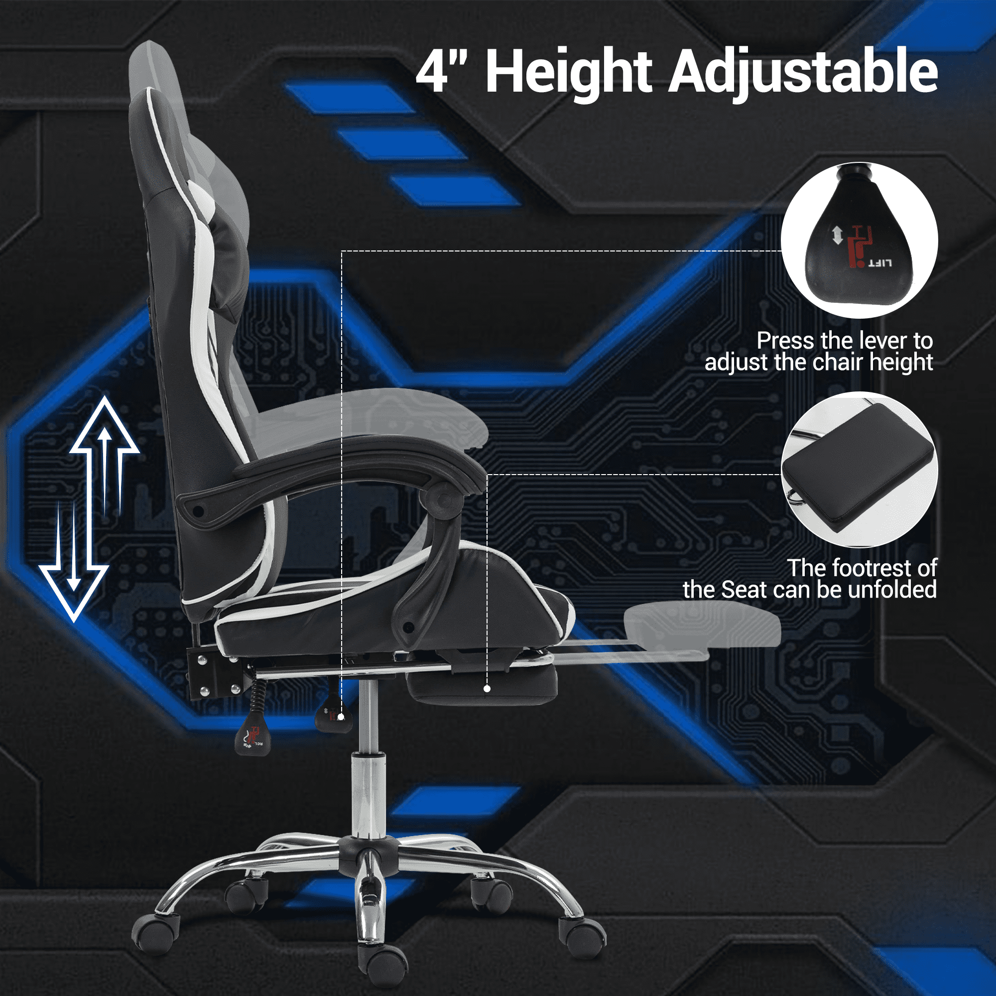 WENTUM Gaming Chair with Massage Lumbar Support Ergonomic Video Game Chair for Adults, Adjustable Headrest & Footrest, 90-135° Recline, 360° Swivel, Grey
