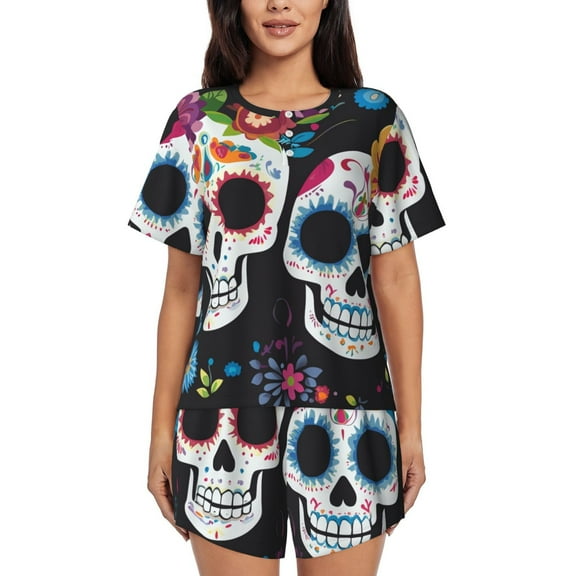 Day Of The Dead Dia De Los Muertos Womens Pajamas Short Set Soft Short Sleeve Sleepwear Button Down Pjs Set with Pockets S XXL Small