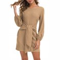 thumbnail image 3 of Vestido Corto De Manga Farol Larga, Vestido De Cóctel De Color Puro, Transpirable, Cuello Redondo, Cintura Elegante Para Citas ANGGREK Caqui S, 3 of 6