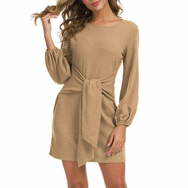 Vestido Corto De Manga Farol Larga, Vestido De Cóctel De Color Puro Cómodo Con Cuello Redondo En La Cintura Para Citas ANGGREK Otros