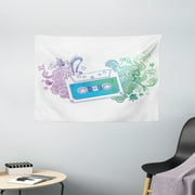 Doodle Tapestry, Audio Cassette Tape with Line Art Floral Musical Old Fashion Melody Print, Wall Hanging for Bedroom Living Room Dorm Decor, 60W X 40L Inches, Blue Mint Purple, by Ambesonne