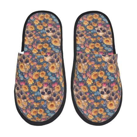 Balery Skull daisy colorful Slient Indoor Furry Fleece Comfort House Shoes Soft Non-Slip Home Shoes Cotton slippers House Slippers-- Medium