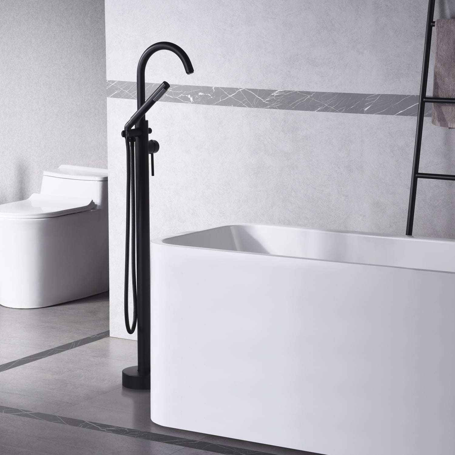 sumerain Freestanding Bathtub Faucet Matte Black Floor Mounted Tub Filler with Handheld Shower, High Flow Rate