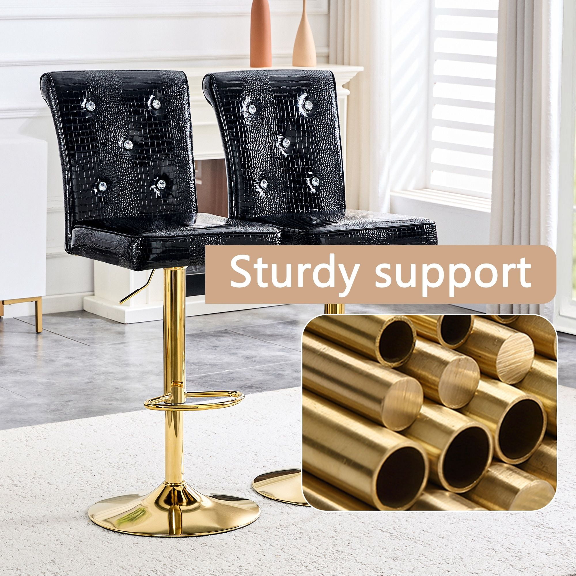Alvantor Set of 2 Black Crocodile Faux Leather Bar Chairs with Crystal Accents