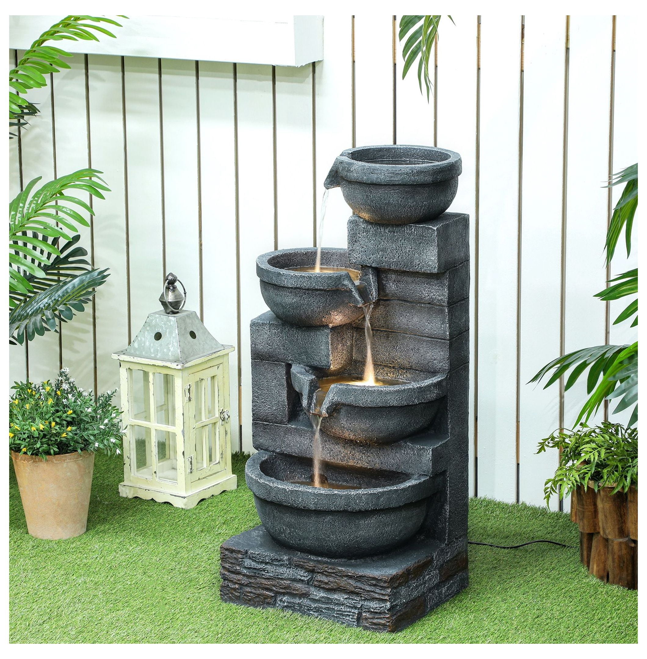 Outdoor Water Fountain 30" LED, 4-Tier Cascading Fountain for Garden, Patio, Backyard - Resin Waterfall Feature with Pump, Gray