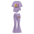 thumbnail image 3 of Ulitacool Clothes For Girl Short Sleeve Sweatsuit Round Neck Cartoon Prints Tops With Flared Pants Two Piece Coordinated And Bottoms For Kids Cute Spring Outfits Purple 9-10 Years, 3 of 5