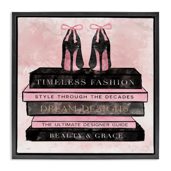 Stupell Industries Blush Fashion Book Stack Black Framed Floater Canvas Wall Art, design by Natalie Carpentieri