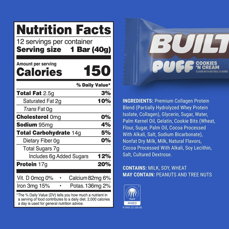 Built Bar Puff Protein Bar, Collagen, Gluten Free, Brownie Batter, 1.41oz Bars, 4 Count Box