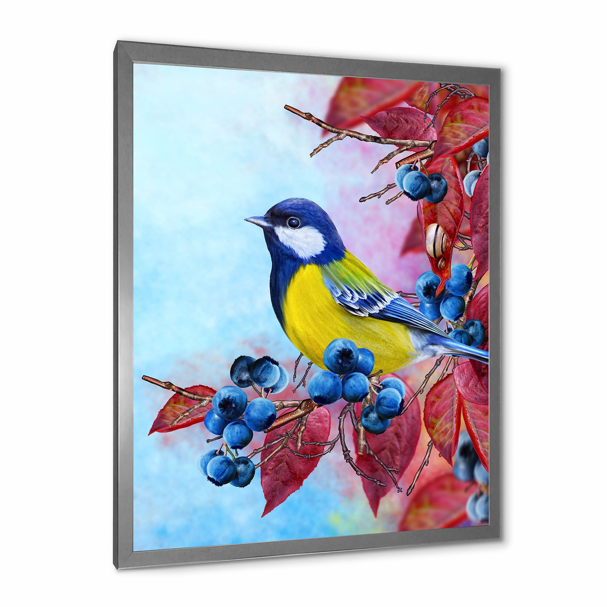 Designart 'Bright Bird Bullfinch Sitting On A Branch of Berries II' Traditional Framed Art Print