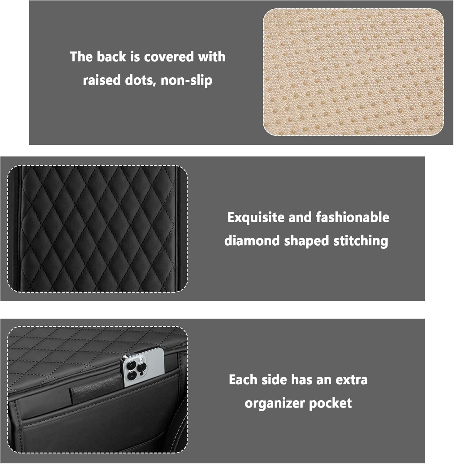 Gilysido Universal Car Center Console Armrest Cover for Vehicle, Black PU Leather Pad Protector with 2 Storage Bags