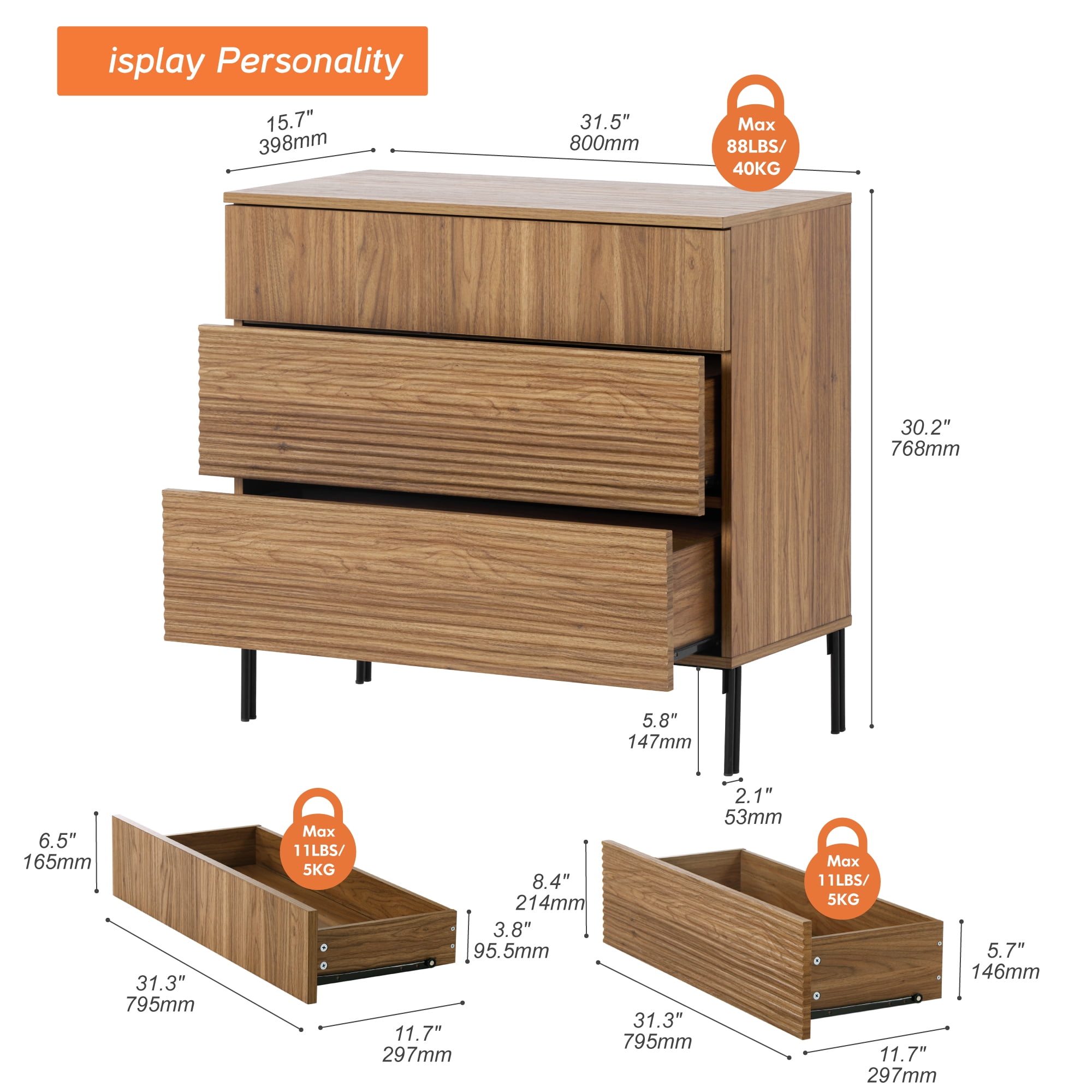 Modern Minimalist Wood Nightstand with 3 Drawers ,31.5" Large End Table,Reeded Design Bedside Table for Bedroom, Living Room,Entryway