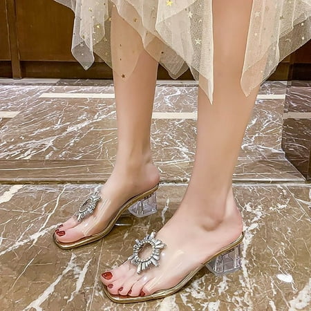 

Women s Fashion Casual Transparent Crystal Square Heels Outdoor Slippers Shoes