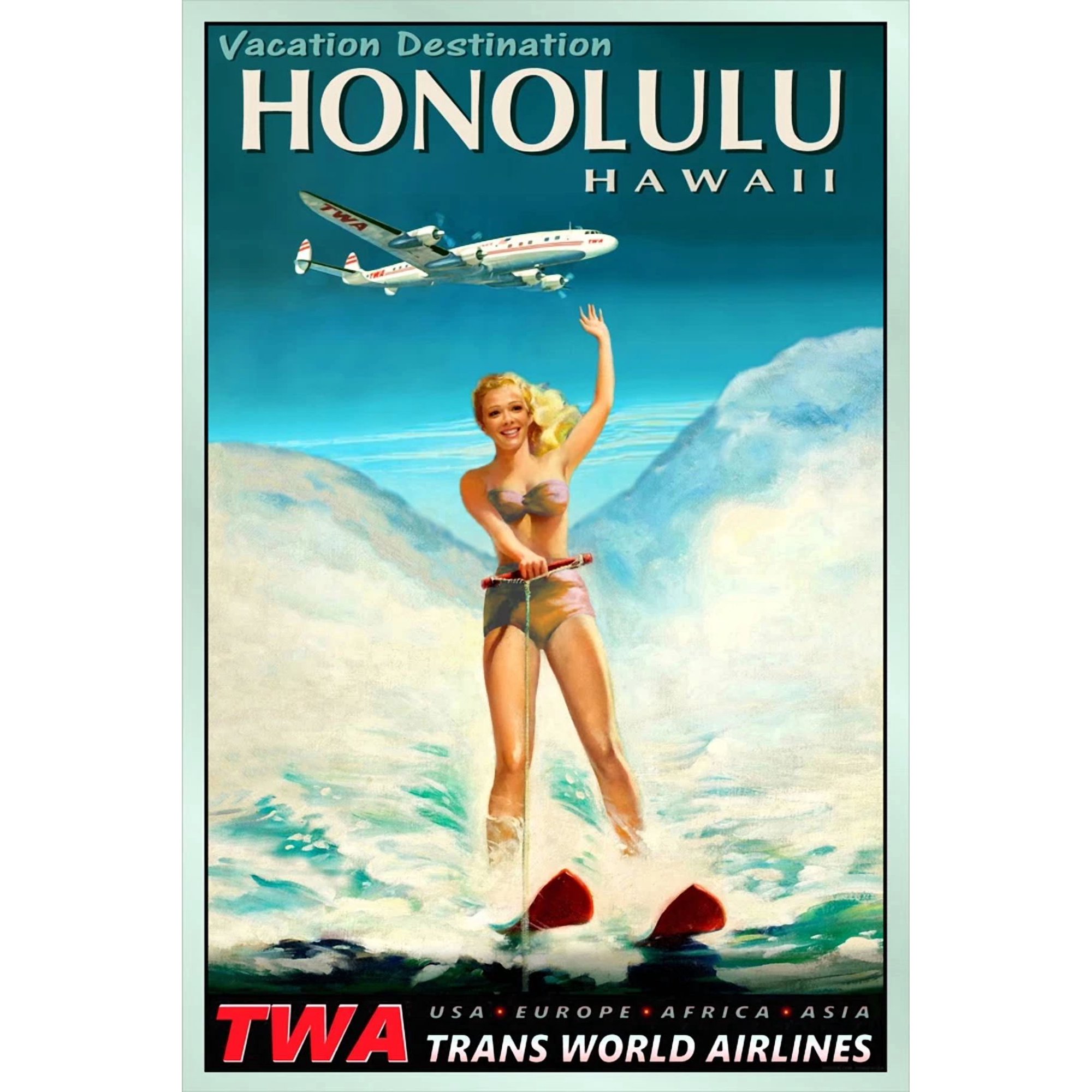 Honolulu Hawaii Twa Airlines Pacific Waterski Travel Office Variant 2 Poster , Poster Print Only