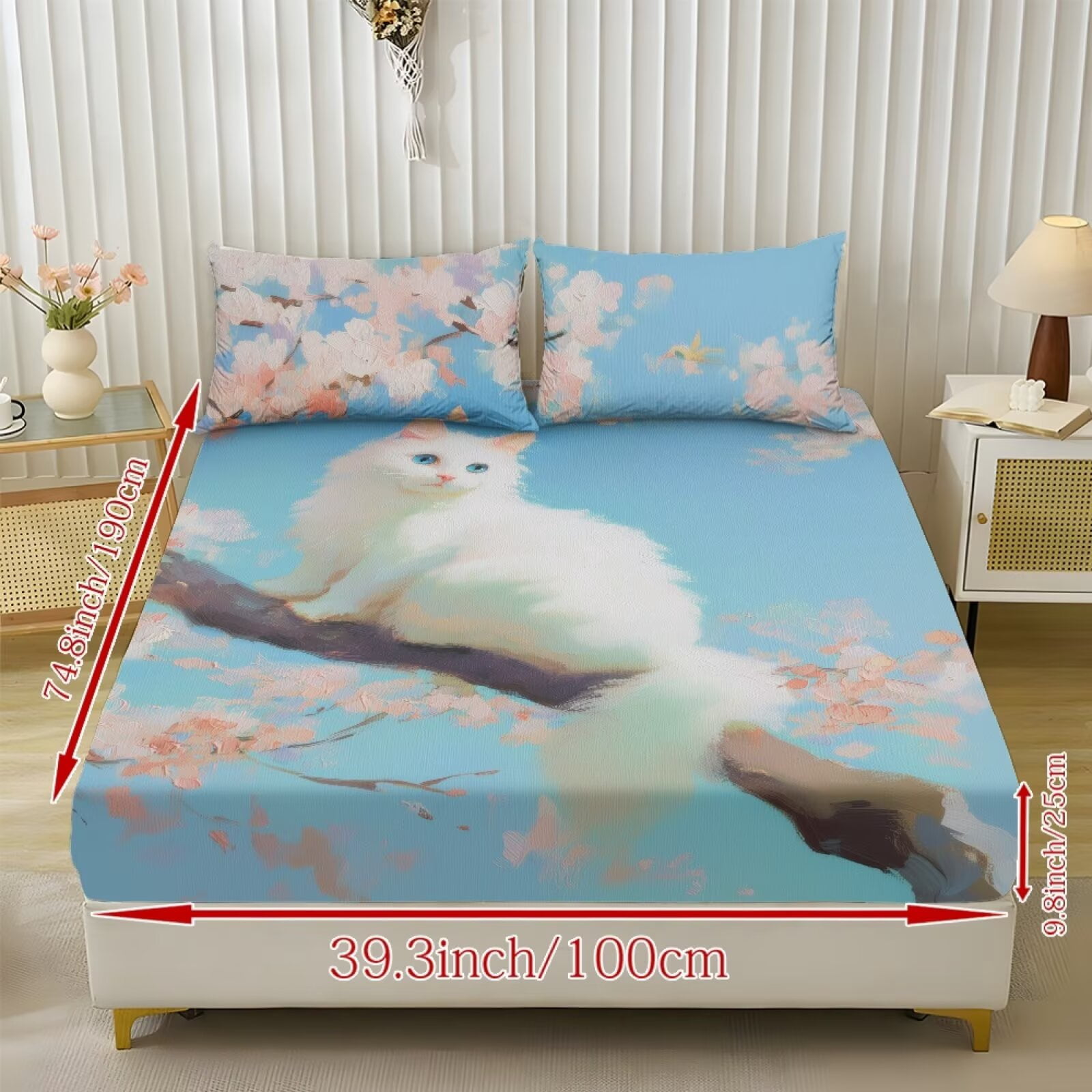 ZIATUBLES 3 PCS Twin Size Sheets Set, 1 Fitted Sheet with 2 Pillowcases, 9.8" Standard Pocket Chic Bed Sheets Set, Soft Cozy Bedding Bedroom Decor, Cherry Blossom White Cat Print
