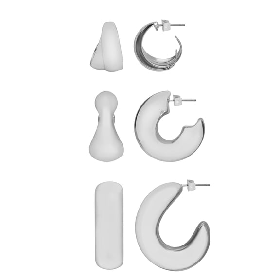 Time and Tru Women's Rhodium Tone Set of 3 Chunky Hoop Earrings