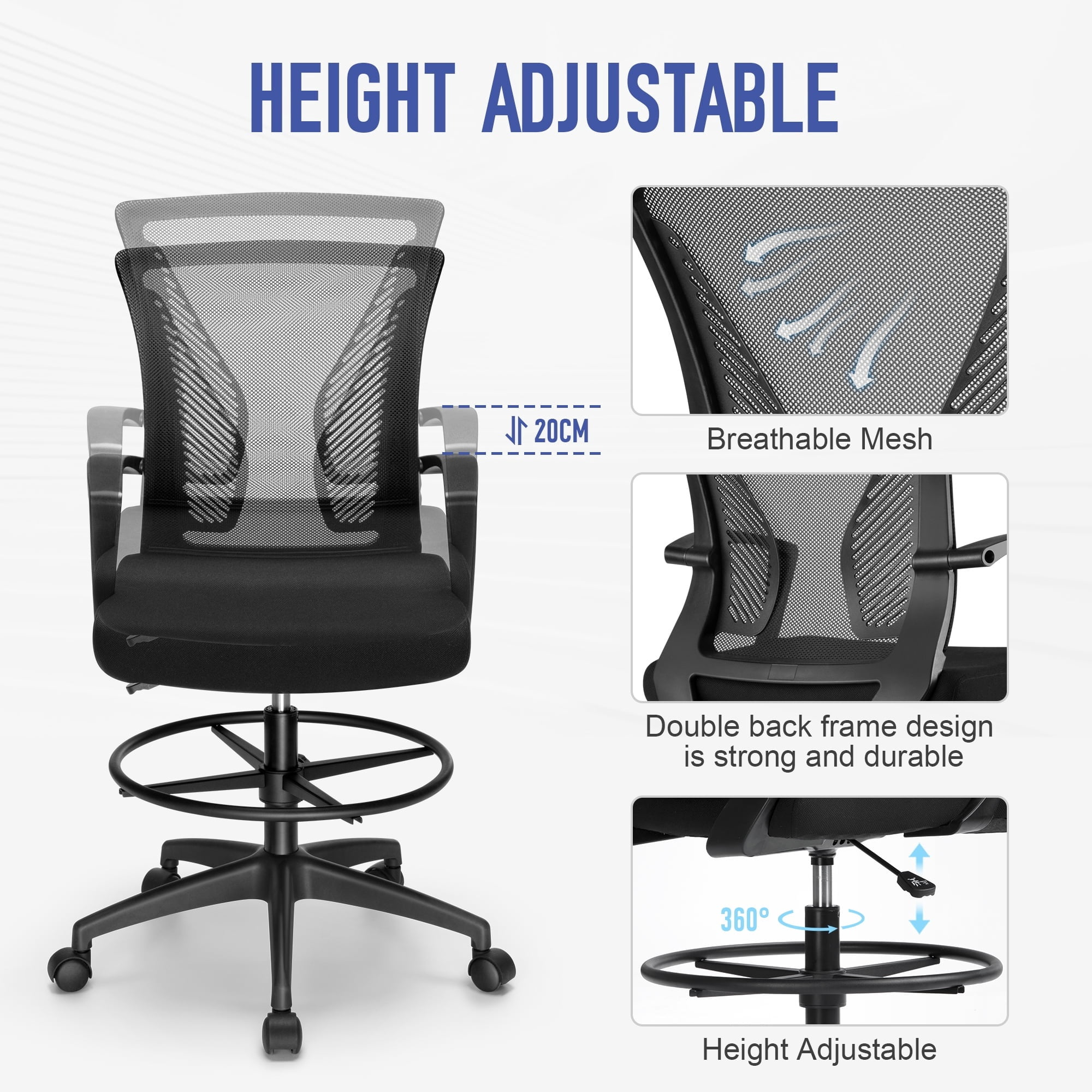 Fenbeli Drafting Chair Tall Office Chair with Lumbar Support and Adjustable Footrest Ring, Black
