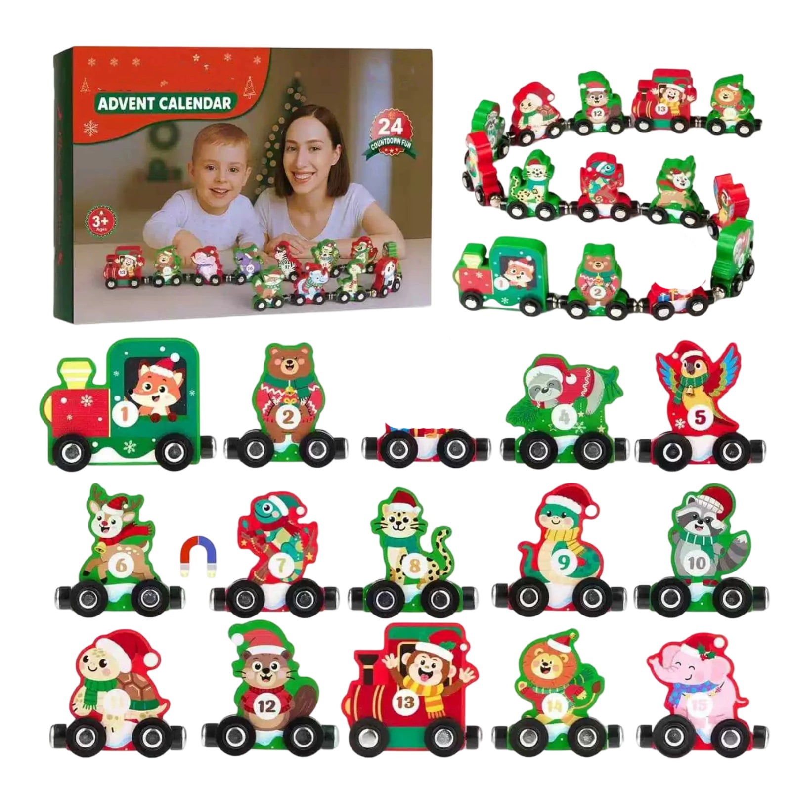 Christmas Magnetic Wooden Train Advent Calendar 24 Pcs Animal Themed Countdown Box Kids Educational Holiday Toy Gift Age 3+ Preschool Learning Decoration