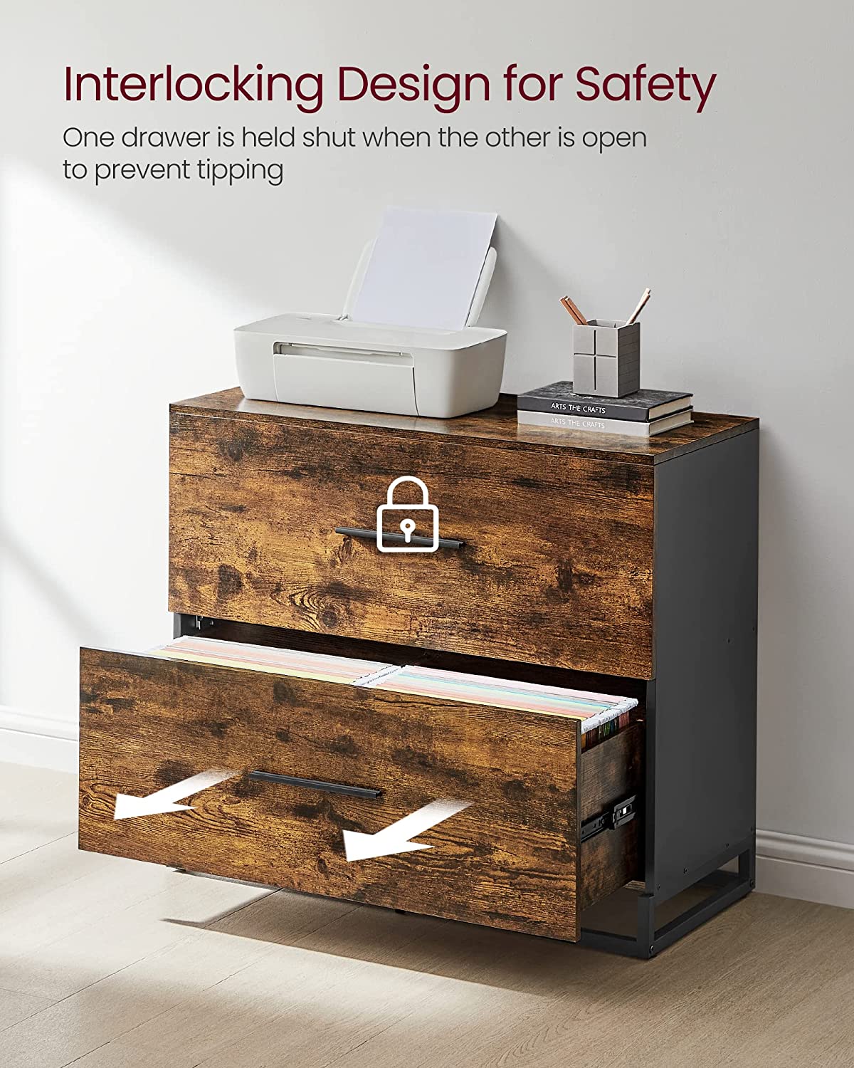 Lateral File Cabinet, Home Office Printer Stand, 2-Drawer Filing Cabinet, Rustic Brown and Black