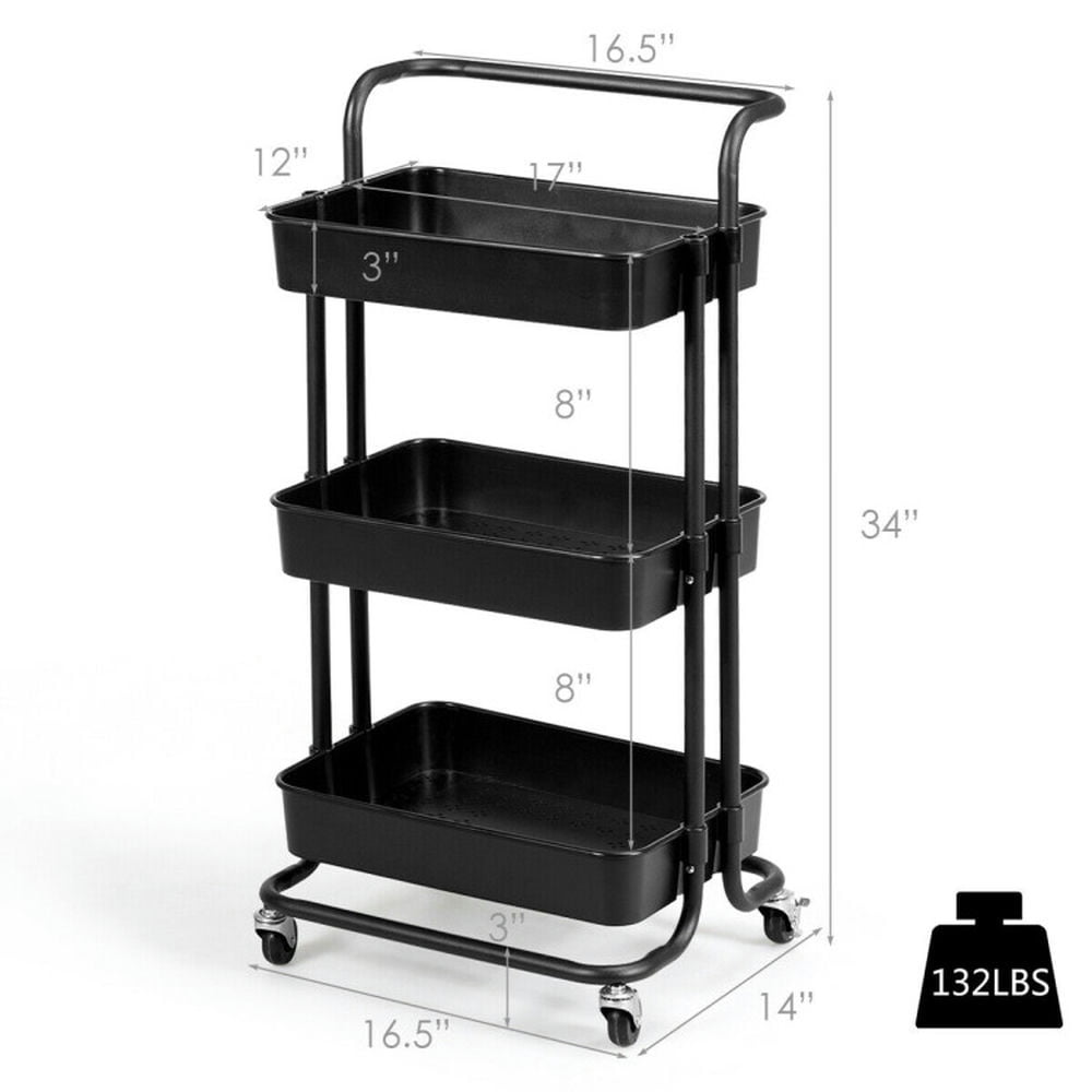 Finihen Rolling Cart, Kitchen Island Cart, 3-Tier Utility Cart Storage Rolling Cart with Casters, for Kitchen, Dining Room, Black Finihen Rolling Cart, Kitchen Island Cart, 3-Tier Utility Cart Storage Rolling Cart with Casters, for Kitchen, Dining Room, Black