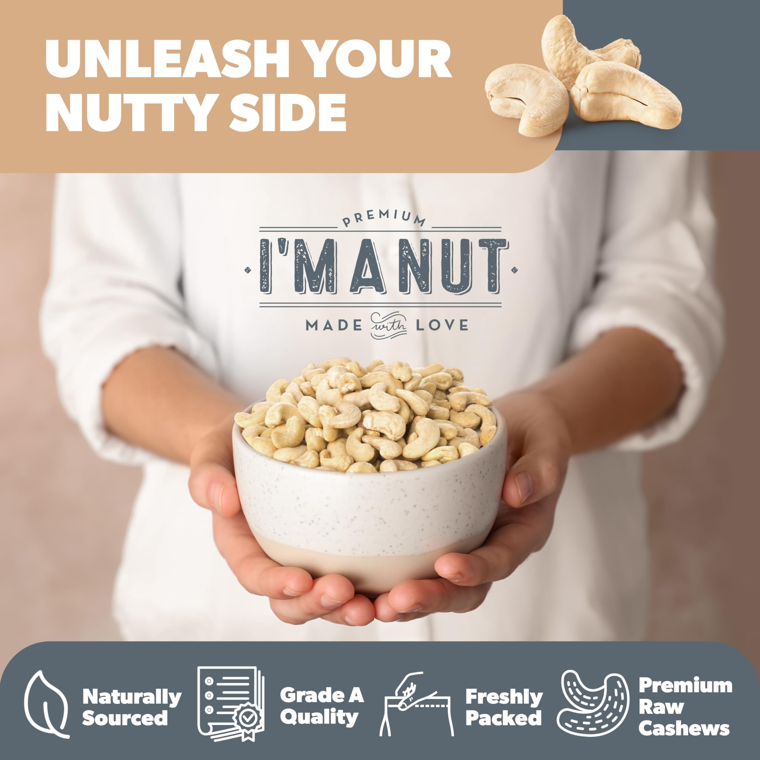 Raw Whole Cashews- 32 oz-100% Natural No Chemical Non GMO-Vegan and Kosher Batch Tested Gluten and Peanut Free I'M A NUT