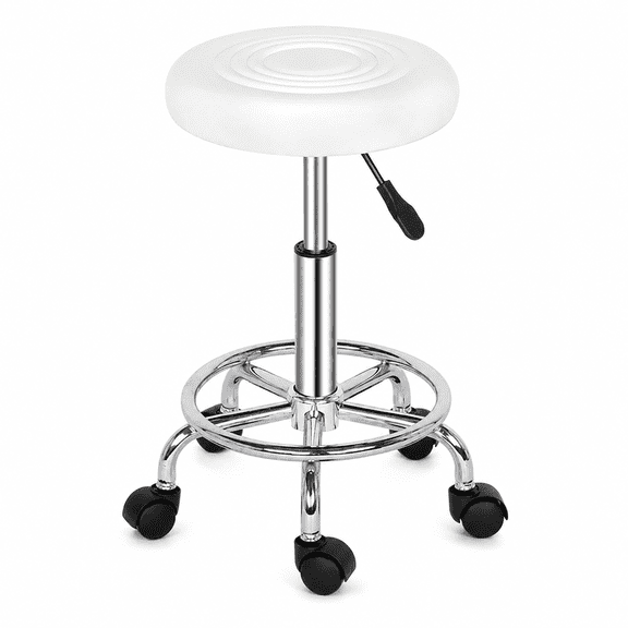 Alvantor Adjustable Height Rolling Salon Stool with 360 Swivel Seat and Foot Ring, White