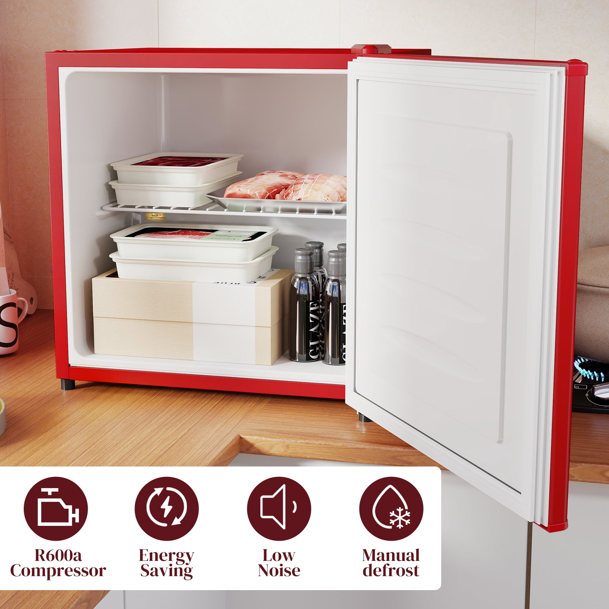 Homiyad 1.1 Cu.Ft Countertop Mini Freezer, Compact Upright Freezer with Removable Shelves, Red